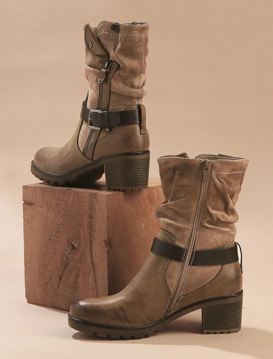 Bottines montantes bi-matière à zip - Taupe