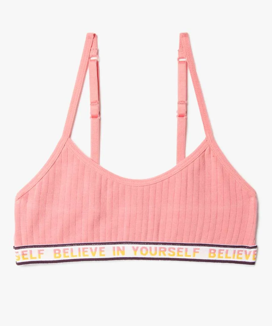 brassiere fille a fines bretelles en maille cotelee rose sous-vetements