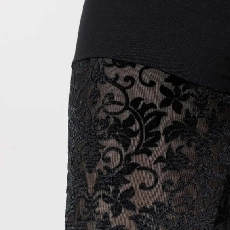 Collants Leggings noirs résille floquée arabesques