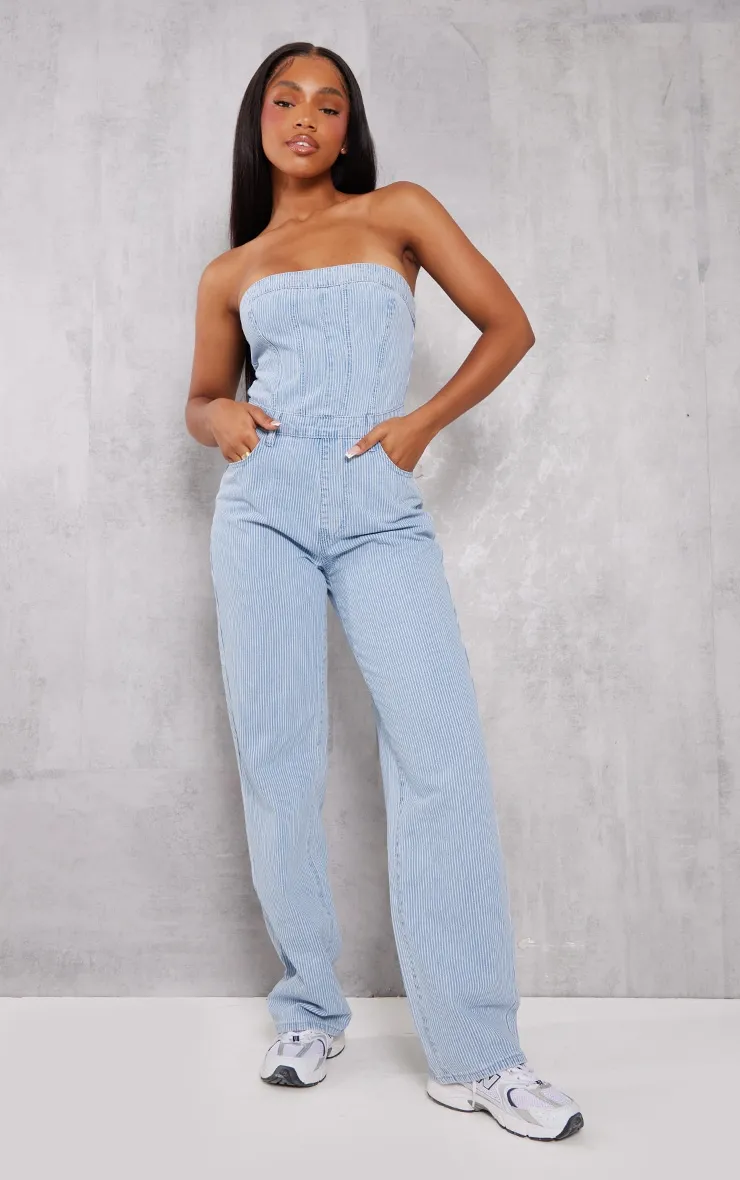Combinaison bustier en jean bleu à rayures fines