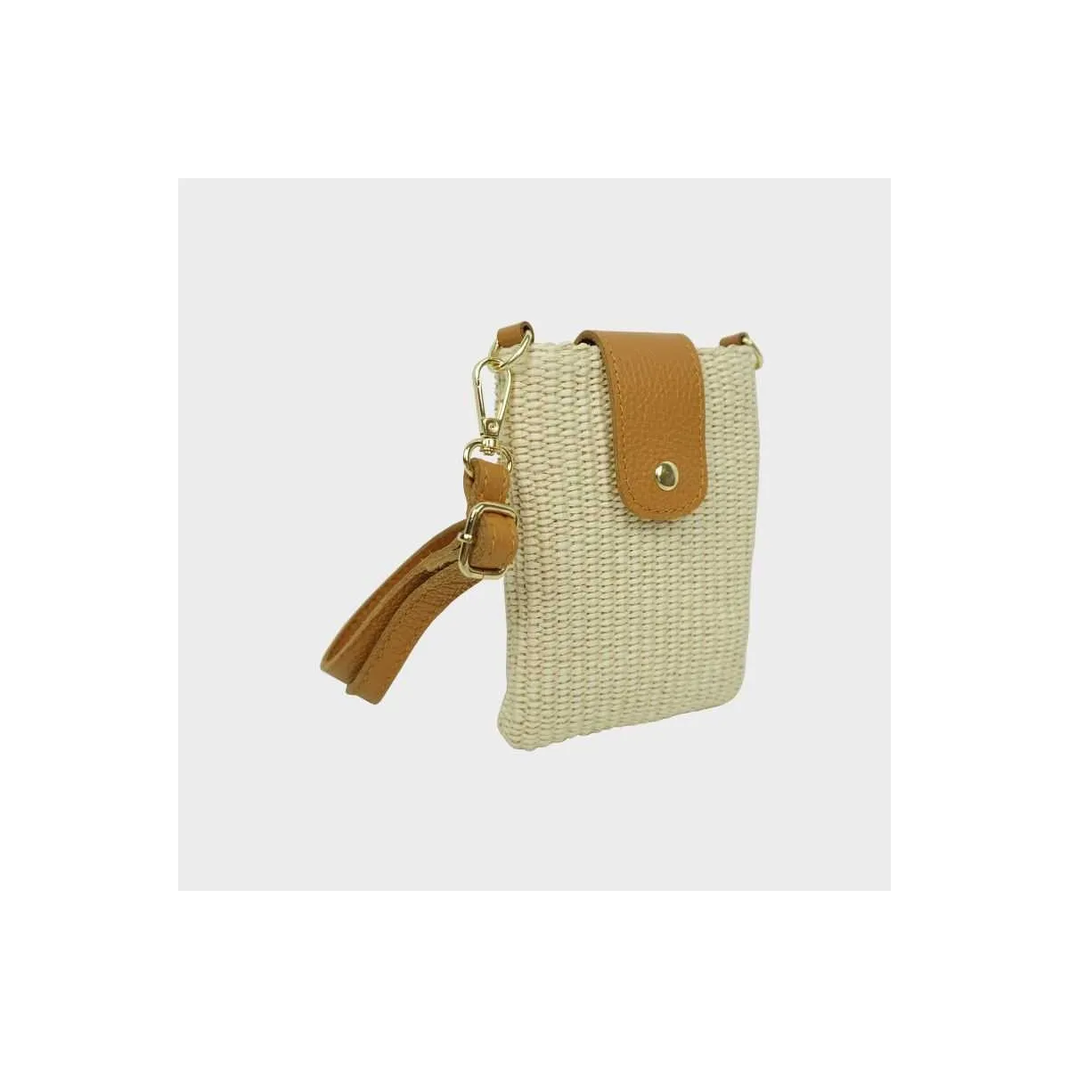 Pochette téléphone en raphia et cuir sur pecari