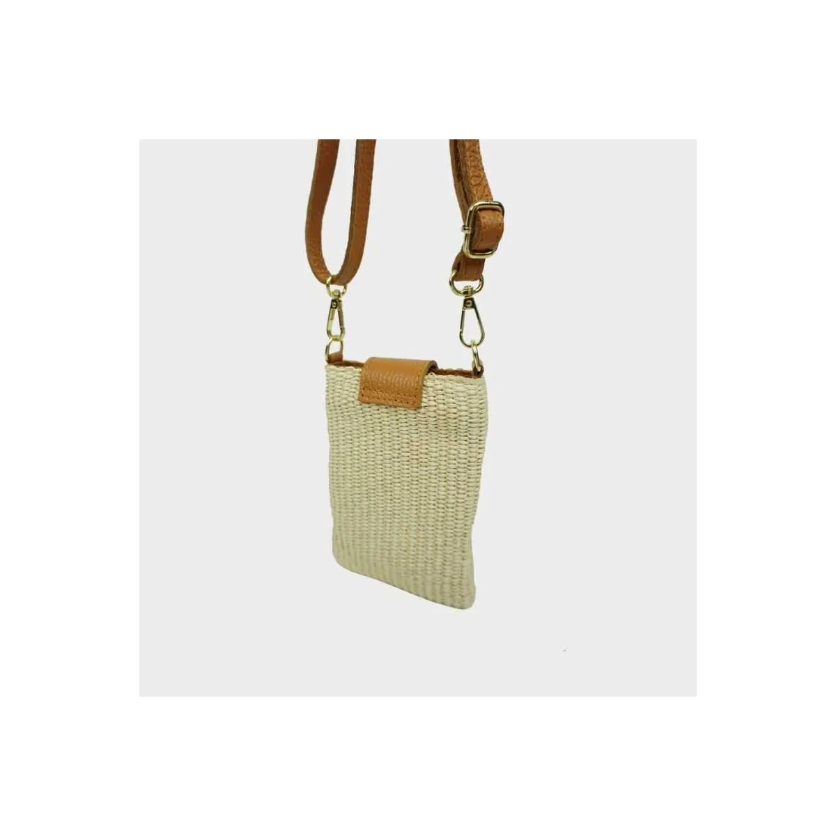 Pochette téléphone en raphia et cuir sur pecari