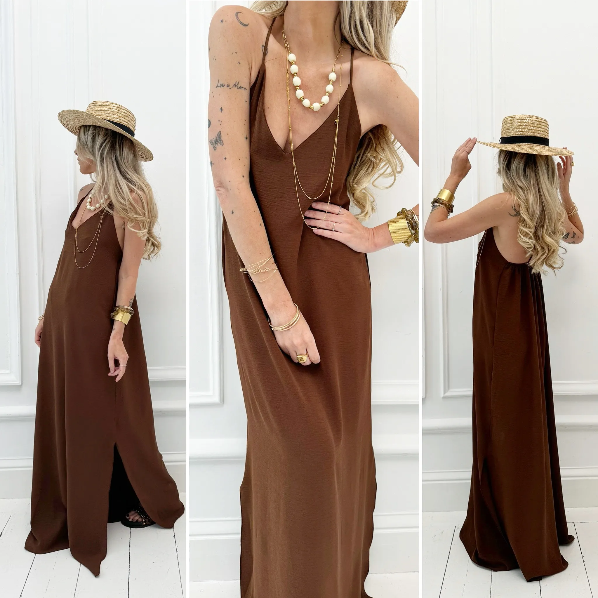 Robe longue marron fines bretelles