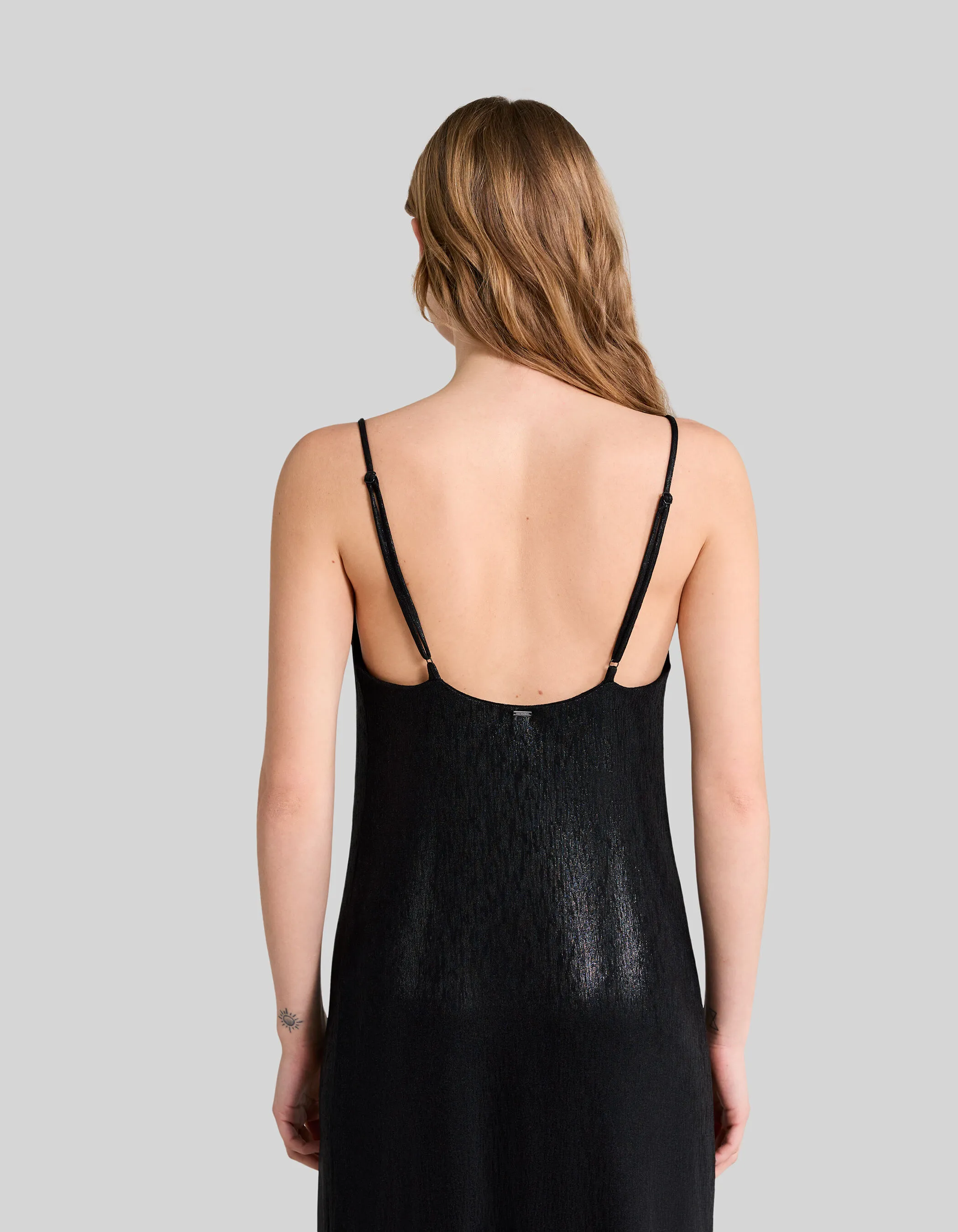 Robe midi noire lamée fines bretelles Femme