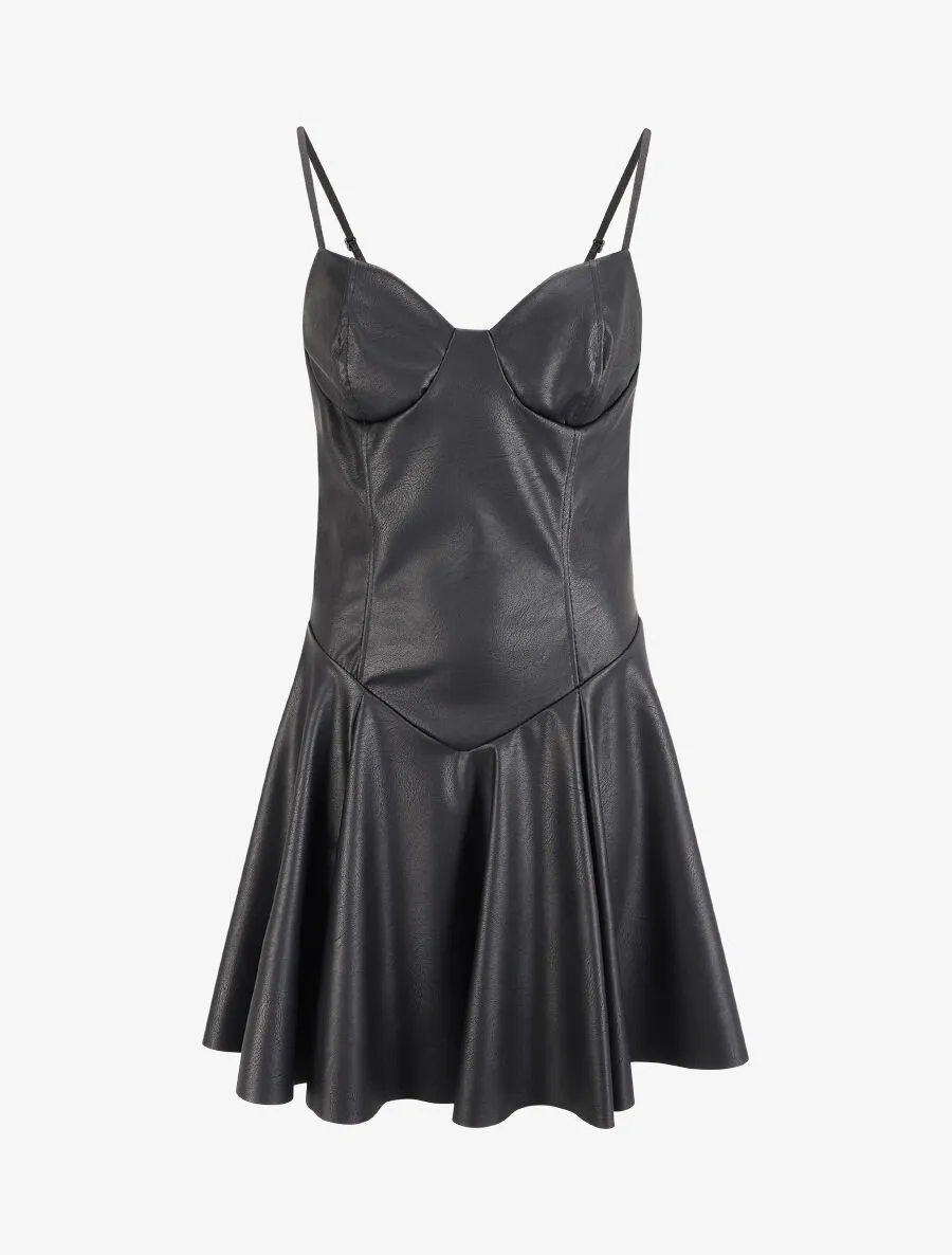 Robe volantée en simili à fines bretelles - Noir